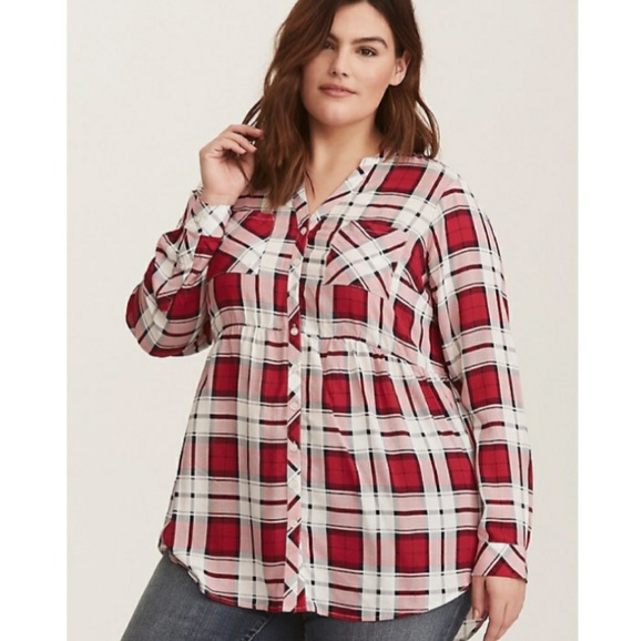 torrid Tops - TORRID Emma Red Plaid Challis Babydoll Top